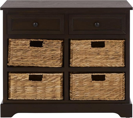 SAFAVIEH Home Collection – Herman Dark Chocolate Storage Unit, 2-Drawer 4-Basket Mixed-Material Organizer, Fully Assembled (AMH5702H)