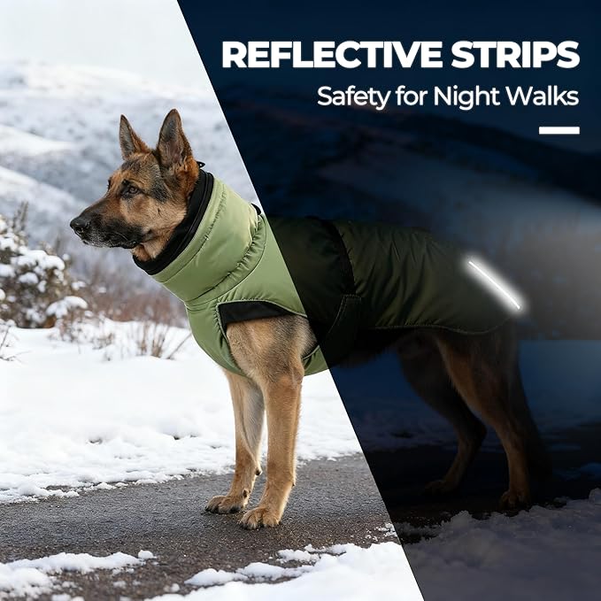 Dog Winter Coat, Warm Puffer Jacket with Fur-Safe Buckle & Leash Hole for Cold Weather, Water-Repellent Snow Vest, Breathable Thermal Apparel for Hiking & Active Dogs (Green, Medium)