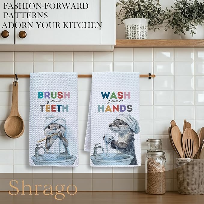 Sea Otter Bathroom Decor Hand Towels, Kids Bathroom Decor, Brush Your Teeth Wash Your Hands Funny Kids Hand Towels for Bath Room Washroom, 16x24 Inch Set of 2