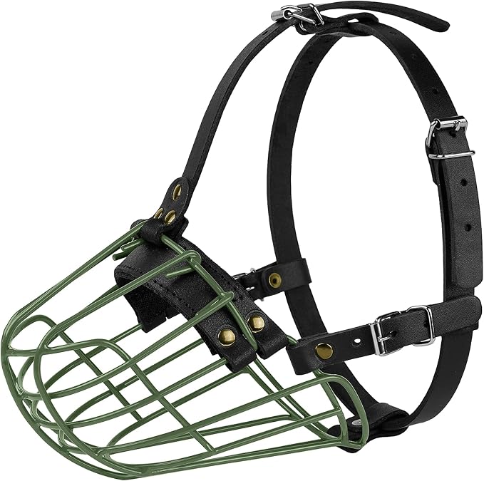 Pitbull Dog Muzzle Metal Mask Amstaff Secure Wire Basket Adjustable Durable Leather Straps for Large Dogs (Green)