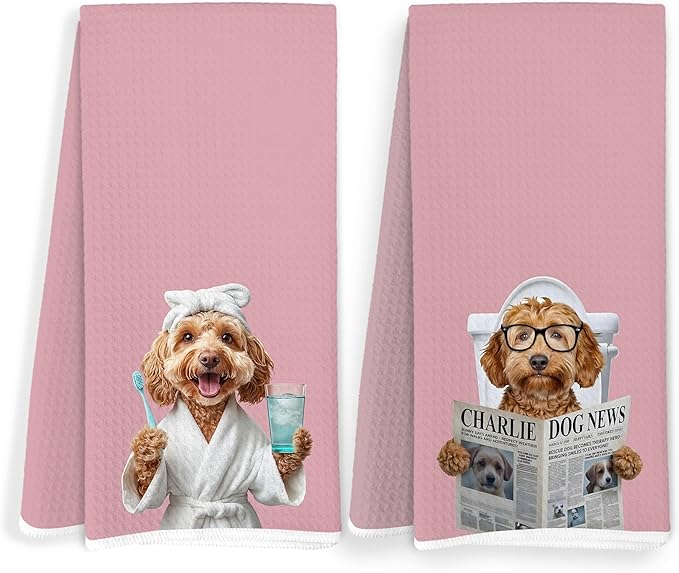 Funny Cavapoo Dog Bathroom Hand Towels, Cavapoo Gifts for Women, Dogs Bathroom Decor, Pink Trendy Dog Hand Towels for Bath Room Washroom Spa Gym Decor, 16x24 Inch Set of 2