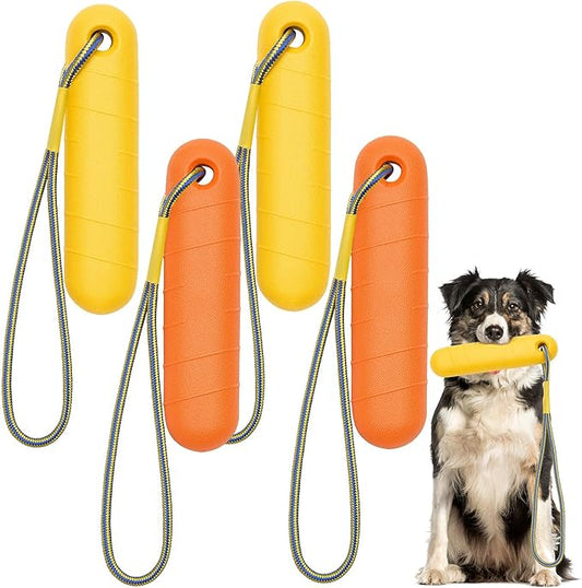 4 Pcs Interactive Dog Pool Toys with Throw Rope 9.8 x 1.6 Inches Interactive Dog Bumpers Fetch Training Bumpers Water Floating Toys for Small and Medium Outdoor Training Chew Hunting(Yellow, Orange)