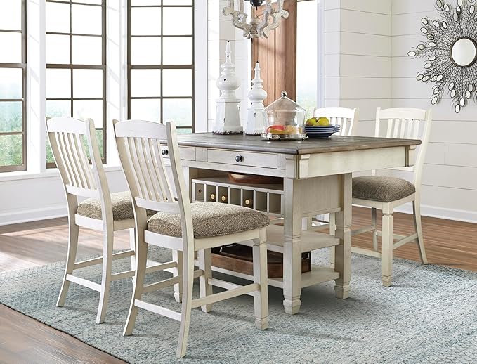 Signature Design by Ashley Bolanburg Rectangular Counter Dining Room Table, 4 Drawers, Seats 6, Storage Rack, Wood, 60" W x 40" D x 36" H, White & Brown