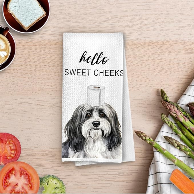 Funny Havanese Bathroom Decor - Havanese Gifts Waffle Decorative Hand Towels, Hello Sweet Cheeks Bathroom Decor, 16x24 Inches