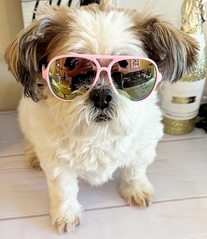 G048 Dog Pet Cat Costume Retro Aviator Sunglasses Adjustable for Small-Medium Dogs Approximately 12-30 lbs Party Prop Cosplay Photoshoot (Aviator Pink-Pink Mirror)