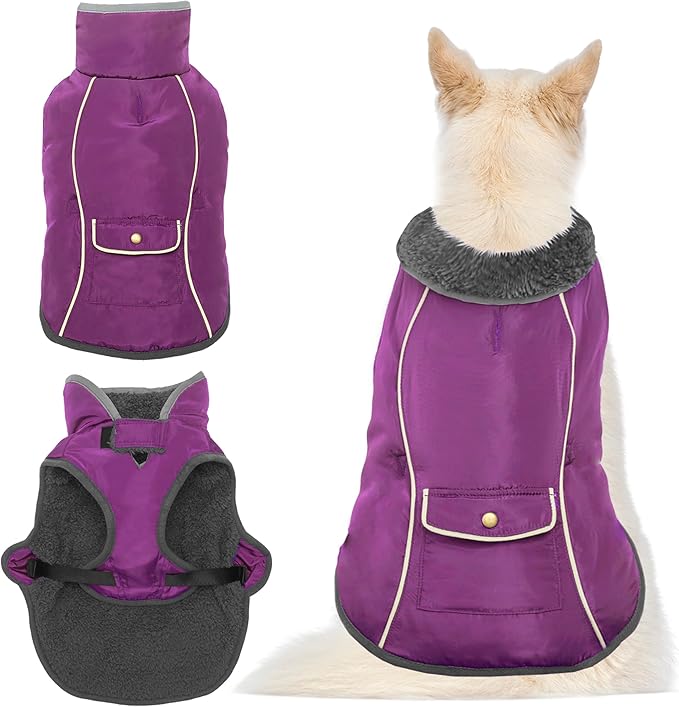Dog Winter Coat - Warm Dog Clothes for Rain Snow Wind Cold Weather - Reflective Purple Adjustable Windproof Pet Vest Jacket with Leash Hole for Small Medium Large Dogs Indoor Outdoor