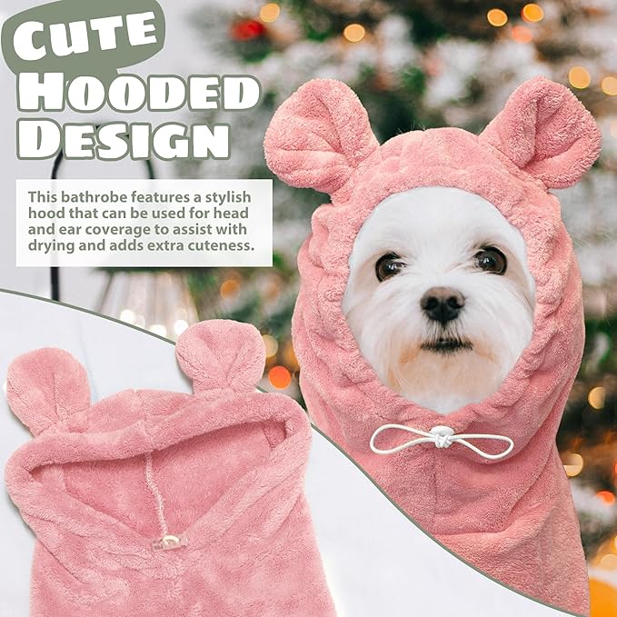 Dog Bathrobe Super Absorbent Towel Robe - Microfiber Bath Towels Fast Drying Coat for Dogs, Cute Dogs Clothes Adjustable Collar & Belly Strap Warm Keeping Hooded Dog Towel (Pink, X-Large)