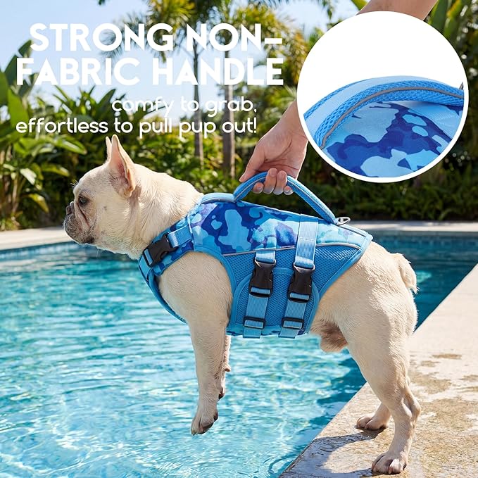ASENKU Dog Life Jacket, High Floatation Dog Swimming Vest with Rescue Handles for Small Medium Large Dogs, Pet Safety Swimsuit Preserver for Pool Beach Boating (Blue Camo, L)