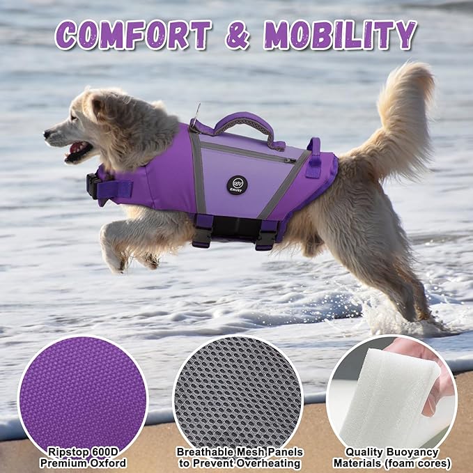 EMUST Dog Life Vest, Lightweight Life Jacket for Dogs with Pockets, Stylish Dog Life Preserver with Rescue Handle & Reflective Stripes for Swimming, Boating, Kayaking, Purple, XS