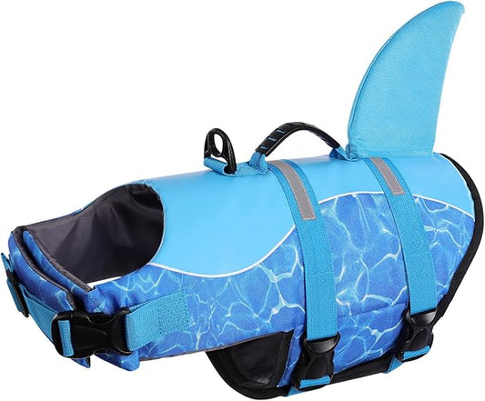 Queenmore Shark Dog Life Jacket, Dog Life Vest for Swimming, High Buoyant Doggie Swimming Vest, Adjustable Easy On Pet Swim Jackets for Small, Medium, Large Breeds (Blue,M)