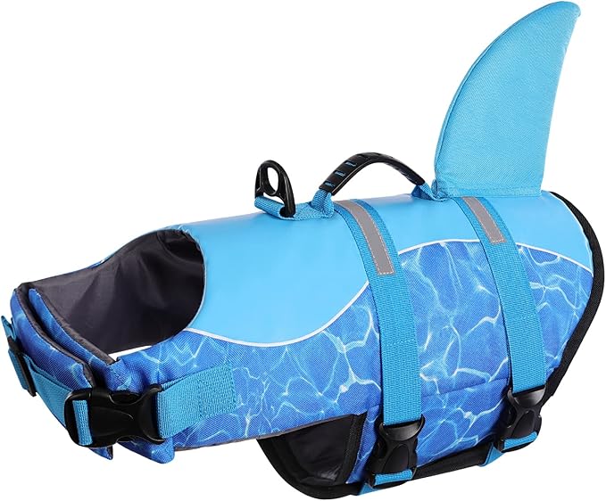 Queenmore Shark Dog Life Jacket, High Buoyancy Swimming Vest, Adjustable Easy-On Dog Life Jackets for Dogs (Blue, XS)