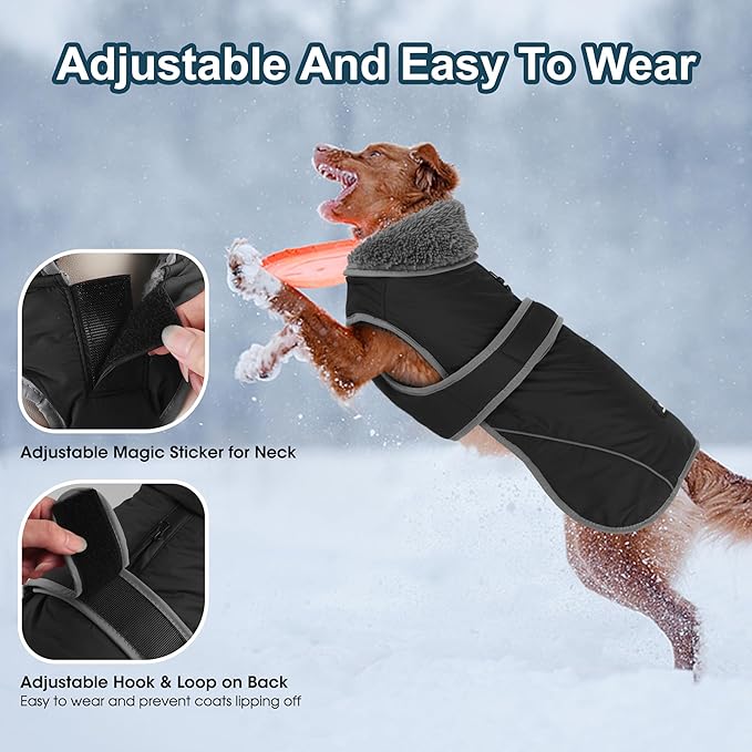 Dogcheer Dog Coat, Waterproof Dog Jacket Reflective Pet Winter Coat with Adjustable Hook & Loop, Christmas Puppy Fleece Jacket Warm Turtleneck Snowsuit for Small Medium Large Dogs - Black, L
