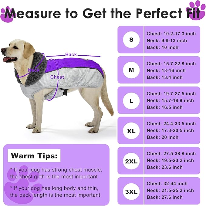 Dog Coat, Waterproof Ripstop Dog Winter Jacket with Leash Hole, Reflective Adjustable Warm Pet Fleece Snow Sweater for Small Medium Large Dogs - Purple, 3XL