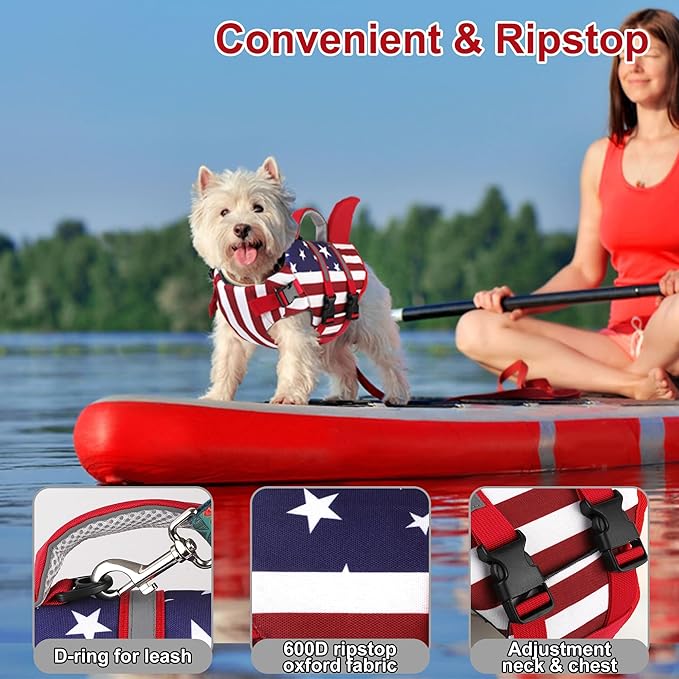 Dogcheer Harness-Style Dog Life Jacket Shark, Reflective American Flag Dog Life Vest for Swimming Boating, High Buoyancy Pet Swim Vest for Small Medium Large Dogs - USA Flag, XL