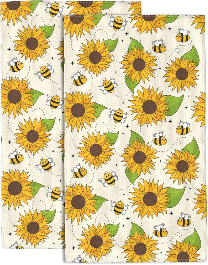 Bees and Sunflowers Hand Towels for Bathroom Set of 2 Hand Bath Towels Soft Absorbent Decorative Hand Towel for Bathroom Kitchen Yoga Home Decor 14 x 28 in