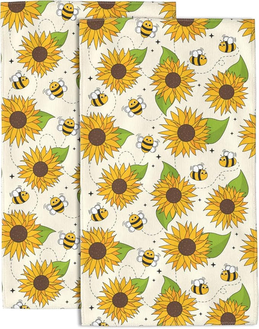 Bees and Sunflowers Hand Towels for Bathroom Set of 2 Hand Bath Towels Soft Absorbent Decorative Hand Towel for Bathroom Kitchen Yoga Home Decor 14 x 28 in