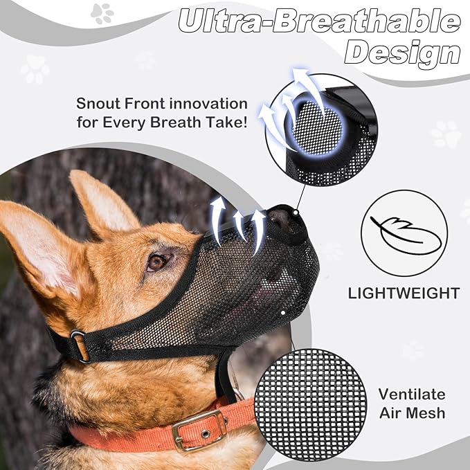Dog Muzzle with Front Opening for Training and Treats, Breathable Air Mesh Muzzle for Biting Chewing Scavenging, Soft Lightweight Adjustable Mouth Guard for Small Medium Large Dogs (Black,XL)