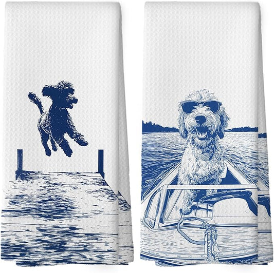 Lake House Decor Doodle Kitchen Towels Set of 2, Summer Funny Lake Dog Coastal Bathroom Hand Towel, Dog Lover Gifts Tea Towel Dish Towels 16x24 Inch
