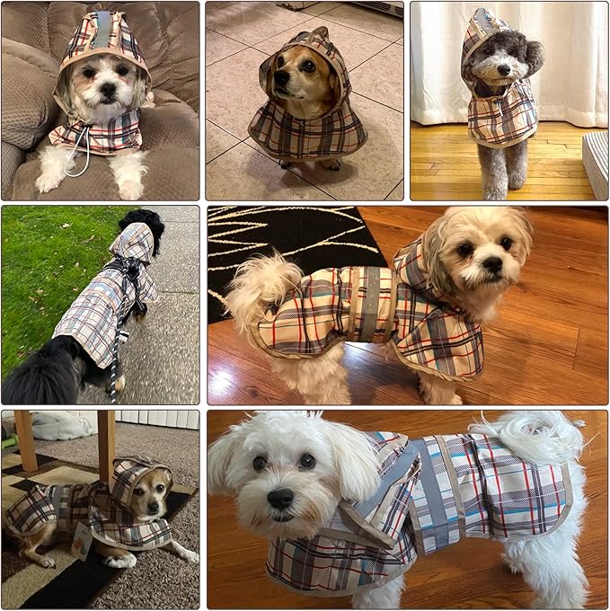 KOOLTAIL Dog Raincoat Hooded Slicker Poncho with Leash Hole, Raincoat for Small Medium Dogs, Waterproof Doggie Rain Jacket with Reflective Strip, Adjustable Breathable Plaid Puppy Rainwear-Beige M