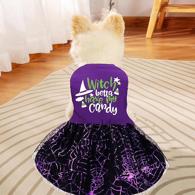 Halloween Dog Dress, Witch Candy Spider Web Tutu Skirt, Holiday Cat Costume for Small Dogs and Cats, Purple Pet Outfit for Puppies and Kittens
