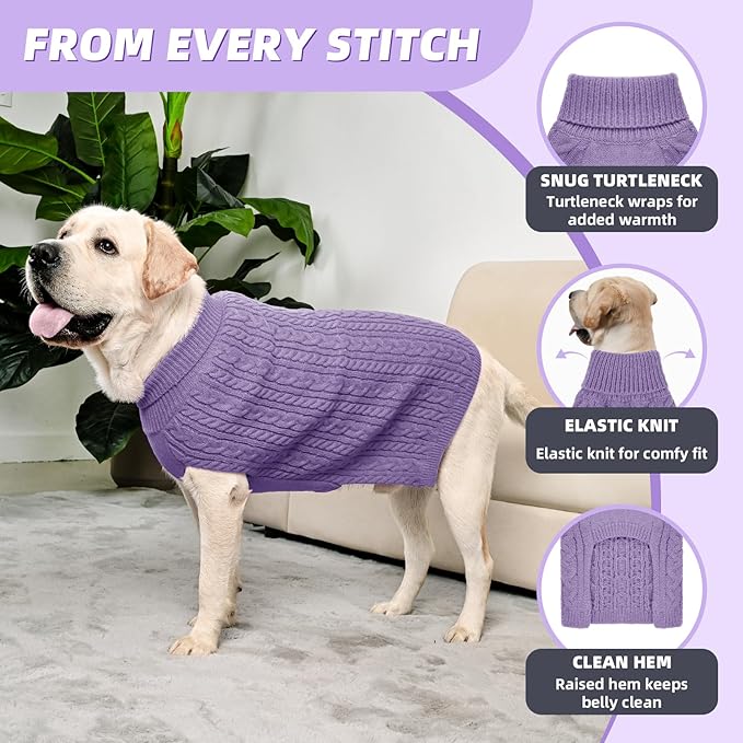 2 Pack Dog Sweaters for Big Dogs Turtleneck Pullover Cable Knit Large Size Stretch Clothes Pitbull Labrador Bulldog Doberman Boy Girl Pets Winter Clothes (XXL, Pink & Purple)
