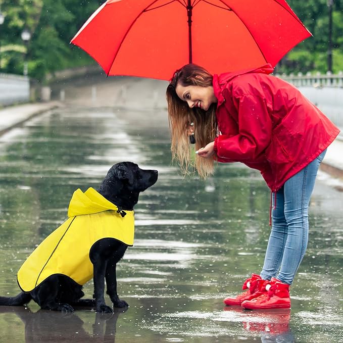 BiPawTi Dog Rain Jackets for Large Dogs, Waterproof Raincoat for Dog, Lightweight Reflective Safety Pet Rain Coats with Hood/Leash Hole/Reflective Strip - Yellow, L