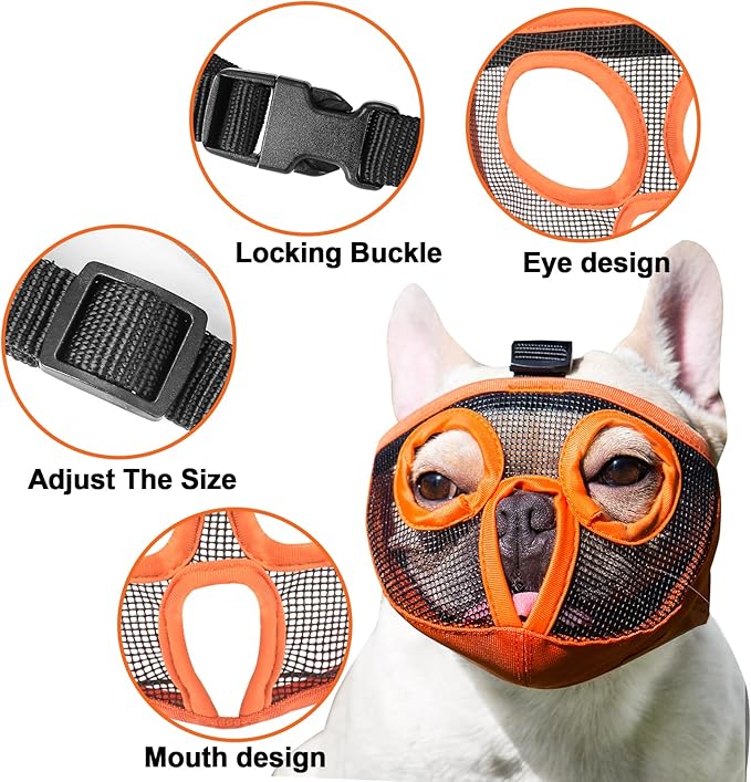 Short Snout Dog Muzzles- Adjustable Breathable Mesh Bulldog Muzzle for Biting Chewing Licking Grooming Dog Mask,Orange N-S