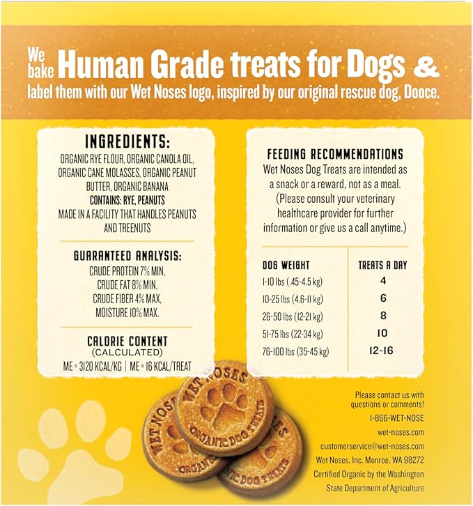 Wet Noses Organic Crunchy Dog Treats – for All Pet Sizes, Breeds – Senior Dog Snack – 100% Human-Grade – Delicious Chews for Dogs – Grain-Free Peanut Butter & Banana, 5 Lb. Package may vary.