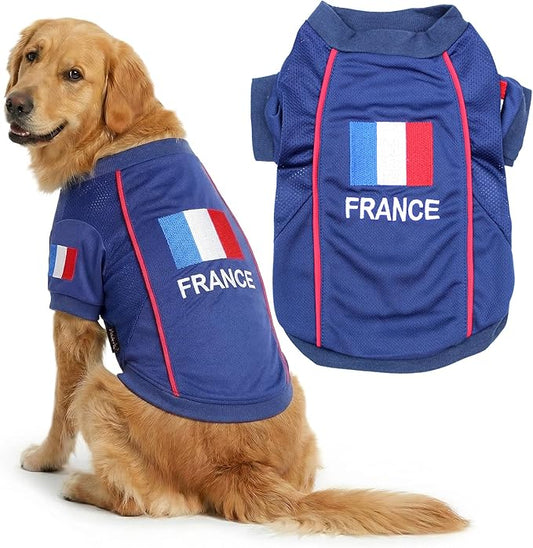 Parisian Pet Team France Dog Jersey - Breathable Mesh Puppy Football Jersey - Lightweight Stretch Sporty Dog Clothes - Summer Shirts for Large Dogs - Soccer Jersey for Dogs - Sportswear Pet Clothes