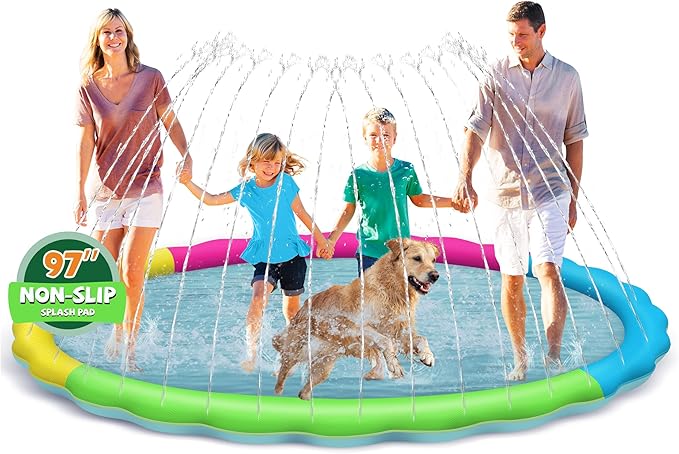 Splash Pad for Kids and Dogs, 97'' Extra Large Splash Pad for Toddlers 1-3 and Kids Ages 4-8, Non Slip Thicken Sprinkler Dog Pool Summer Outdoor Water Toys for Backyard