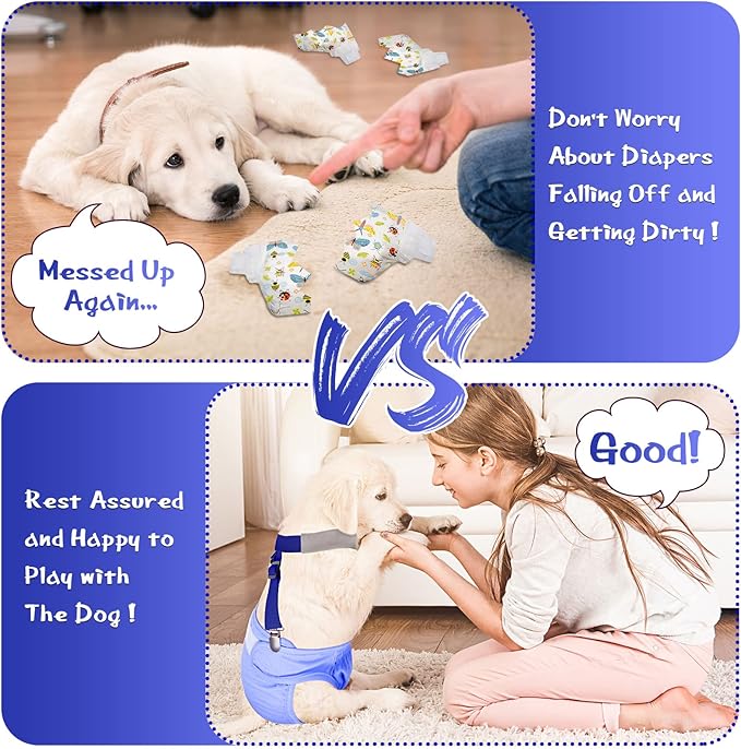 Saintrygo 2 Pcs Dog Suspenders for Diapers Female Male Belly Bands Canine Harness Keep Diaper on Your Pet for Small Medium and Large Dogs(Black, Blue,Large)
