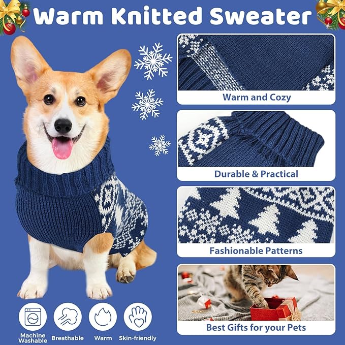 Christmas Dog Sweaters for Small Medium Large Dogs Girl, Soft Warm Pup Dogs Shirt, Turtleneck Double Knitting Collar for Outdoors Playing, Warm Dog Cat Clothes (Blue, S)