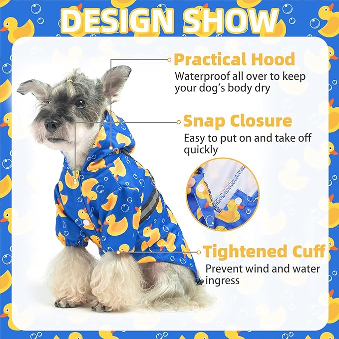 PUPTECK Dog Raincoat with Hood & Harness Built-in, Waterproof Dog Rain Jacket Slicker Poncho Reflective Vest Clothes for Rainy Snowy Winter Cold Days, Blue Duck S