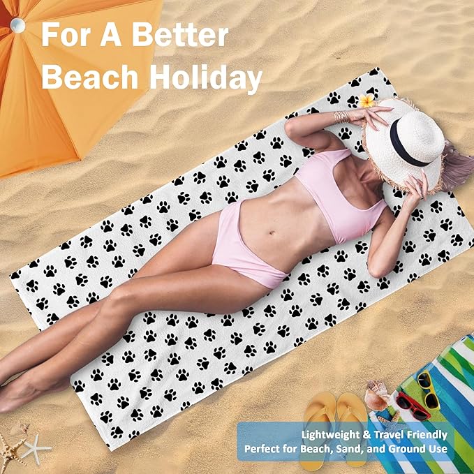 Cute Paws Dog Pet Beach Towel Gifts for Women Dog Lovers Owner, Funny Black and White Microfiber Quick Dry Travel Sand Free Beach Towels Oversized Decor for Bathroom Swimming Pool 30x60 Inch