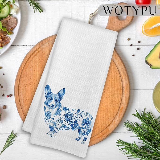 Blue and White Chinoiserie Corgi Kitchen Towels, Corgi Gifts for Women Mom Dish Tea Towels, Dog Lover Gifts Decorative Hand Towel for Bathroom, 16x24 Inch