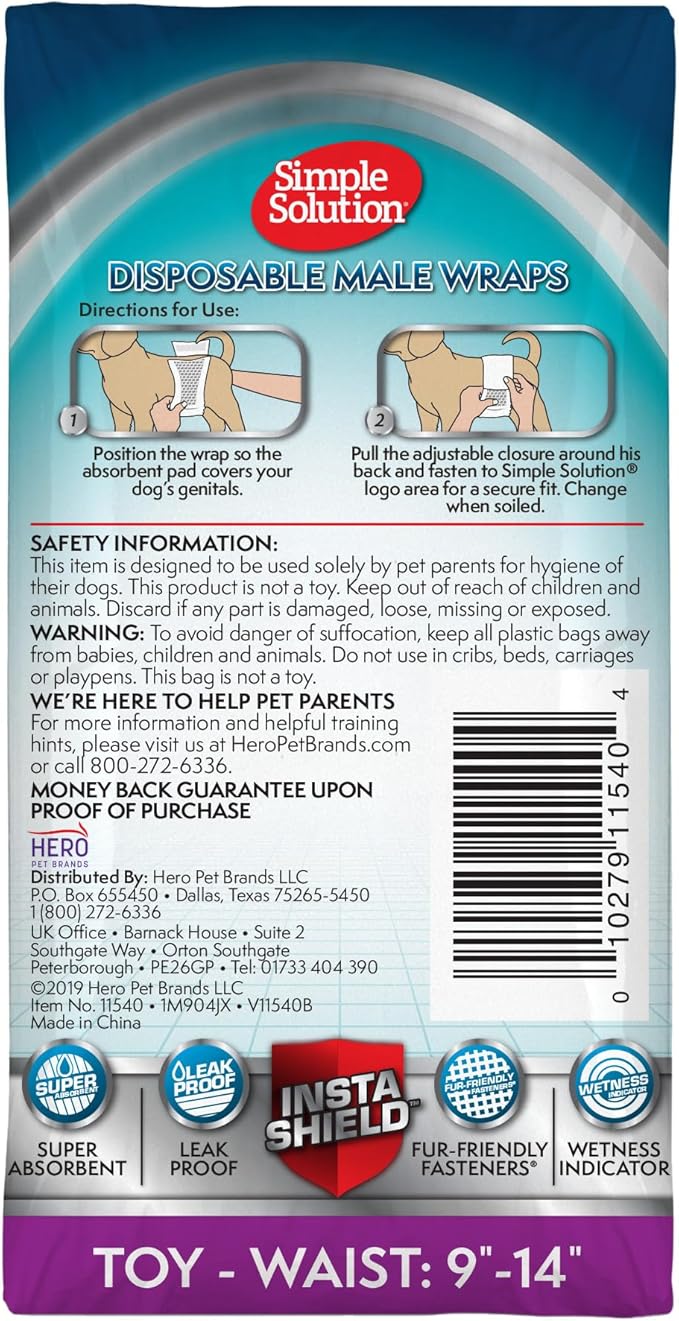 Simple Solution Disposable Dog Diapers for Male Dogs - Male Wraps with Super Absorbent Leak-Proof Fit - Toy - 12 Count