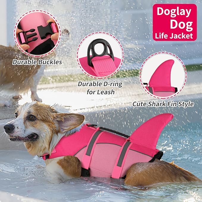 DogLay Ripstop Shark Dog Jacket with Superior Buoyancy and Rescue Handle, Adjustable Dog Vest for Swimming and Boating, Pet Flotation Vest for Small to Large Dogs