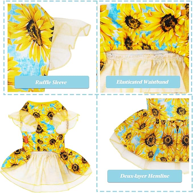 KYEESE Dog Dress Sunflower Dogs Sundress Tulle with Ruffle Sleeves Puppy Dress Dog Clothes