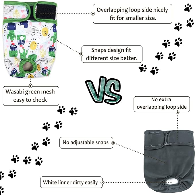 Washable Female Dog Diapers - Premium Reusable Diapers for Doggie in Heat - Highly Absorbent Dog Diapers Female for Pet Incontinence with Adjustable Snaps (Cactus, L)