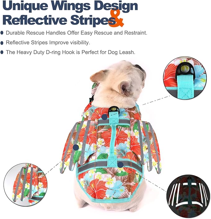 Dog Life Jacket, Wings Pet Life Vest for Swimming Boating Reflective Dog Flotation Swim Vest with Handle and Chin Float for Small Medium Large Size Dogs, S, Floral Orange