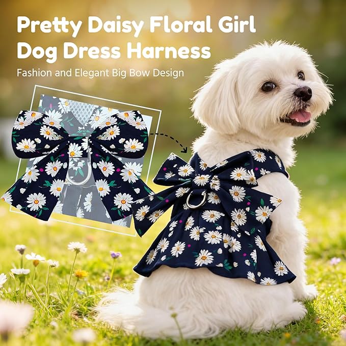 BAEJMJK Dog Dress Bowknot Harness Leash Set for Small Dogs Cats Daisy Floral Girl Dog Dresses Cute Puppy Princess Clothes Pet Doggy Outfits Spring Summer Breathable Dresses (Large, Navy Blue)
