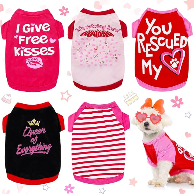 Weewooday 5 Pieces Dog Shirt Bulk Dog Pink Hearts Clothes Heart Pet Shirts for Small Dogs Girl Dogs Puppy Clothes for Chihuahua Yorkie Bulldog Schnauzer Breathable Shirt Vest (Small)