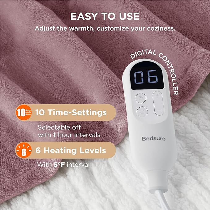 Bedsure Electric Blanket Twin - Soft Flannel Heated Blanket Twin Size, Fast Heating with 6 Time Settings (Up to 10H) & 6 Heat Settings, Warm Gift for Grandma (62x84 inches, Pink)