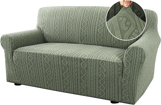 H.VERSAILTEX Couch Covers for 2 Cushion Sofa 1 Piece Stretch Loveseat Slipcover Pet Dog Universal Slip Cover Love Seat Covers Upgrade Thick Jacquard Fabric with Spiral Pattern(58"-70", Sea Grass)