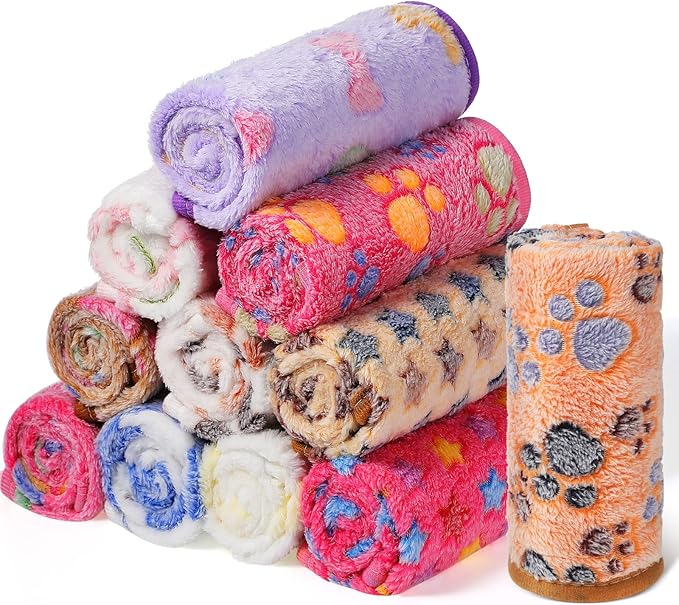 Tatuo 12 Pieces 16 x 24 Inch Dog Blanket Super Soft Warm Cat Sleep Mat Pet Kitten Doggy Fluffy Fleece Blankets with Cute Dog Paw Bone Star Elephant Patterns Printed Fluffy Blanket for Small Cat Puppy