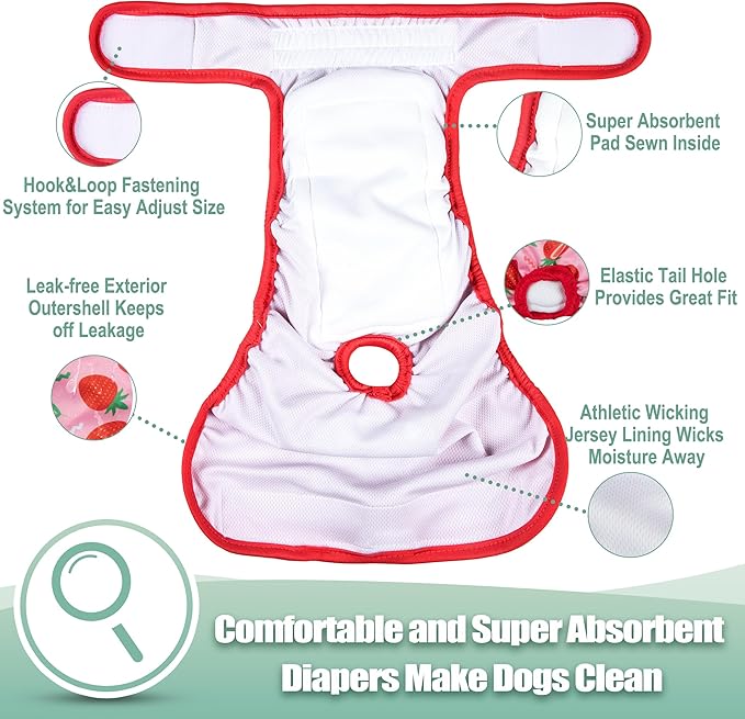 wegreeco Female Dog Diapers, Washable Reusable Pet Puppy Doggie Diapers for Small Medium Large Female Dogs in Heat Period, Doggy Period Panties Large, Strawberries