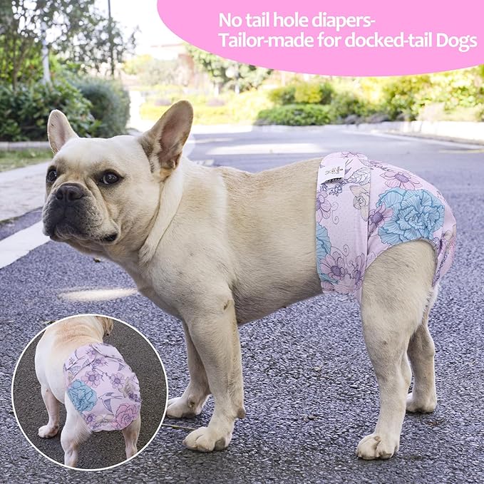 CuteBone Washable Dog Diapers Female No Tail Hole 3 Pack Reusable Doggie Period Training Pants for Docked-Tail Frenchie French Bulldog Boston Terrier Without Tail WWD16M