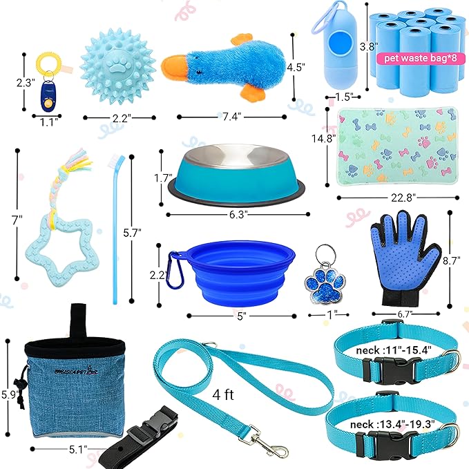 FLYSTAR Puppy Starter Kit for Small Dogs, 26 pcs Include Dog Toys, Collar and Leash, Training Clicker, Treat Bag, Poop Waste Bag with Dispenser, Blanket, Grooming Glove, Bowls, Toothbrush, etc