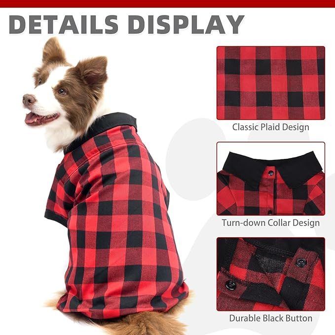 KOOLTAIL Christmas Dog Shirt, Red Buffalo Plaid Pet Shirts, Cute Dog Apparel Clothes Suitable for All Seasons, Comfortable Dogs T-shirt for Small Medium Large Dogs Cat Girl Boy, Pet Outfit Costume, XL