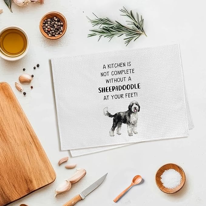 Sheepadoodle Gifts Dog Kitchen Towels, Gifts for Sheepadoodles Lovers Women Hand Towel, A Sheepadoodle at Your Feet Decorative Tea Dish Towels for Kitchens, Dog Owners Kitchen Decor, 16x24in